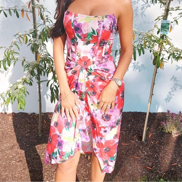 PrettyLittleThing Dresses & Skirts - PrettyLittleThing Strapless Floral Twist-Front Midi Dress - Pink, Red, Purple